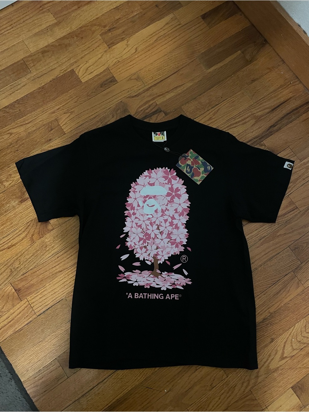 Bape Black Kids Tee with Pink Floral Ape Graphic